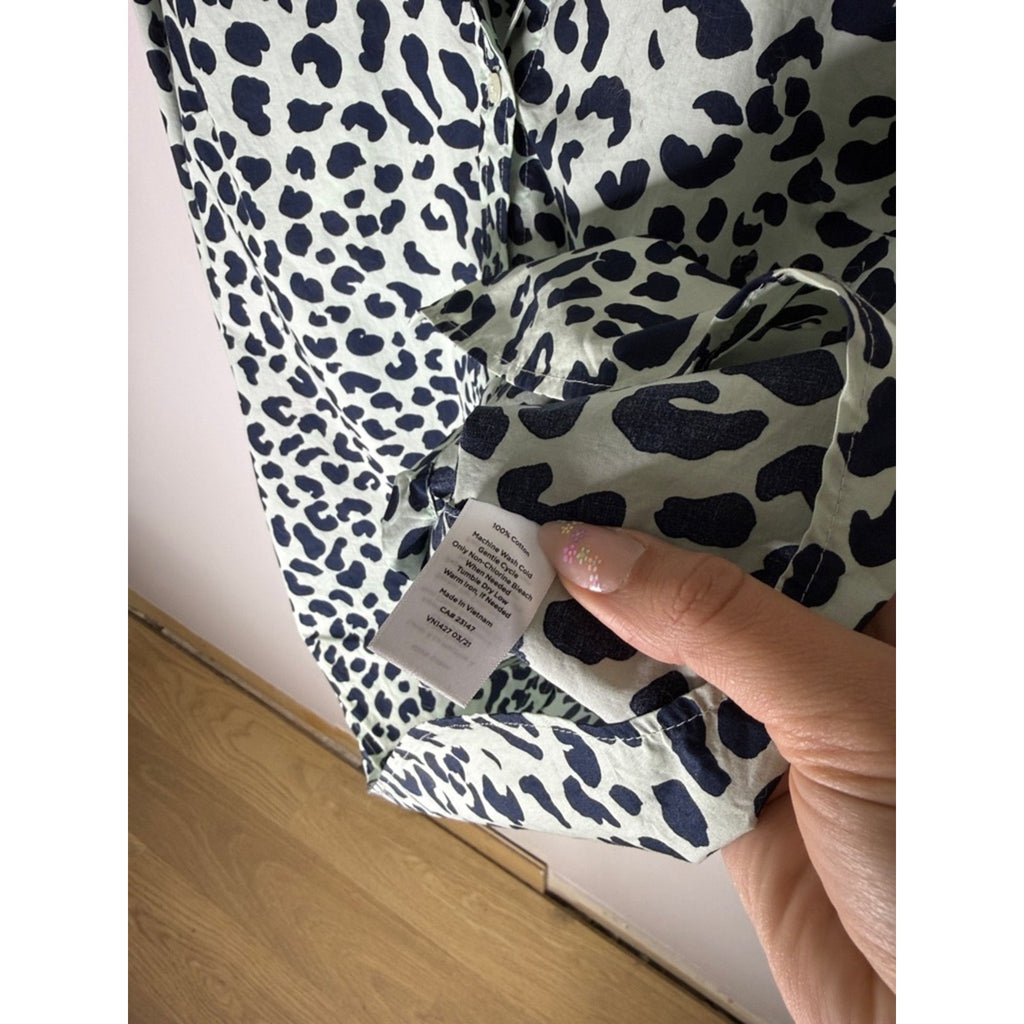 Talbots Navy Mint Leopard Print Button-Front Blouse Top Size Large