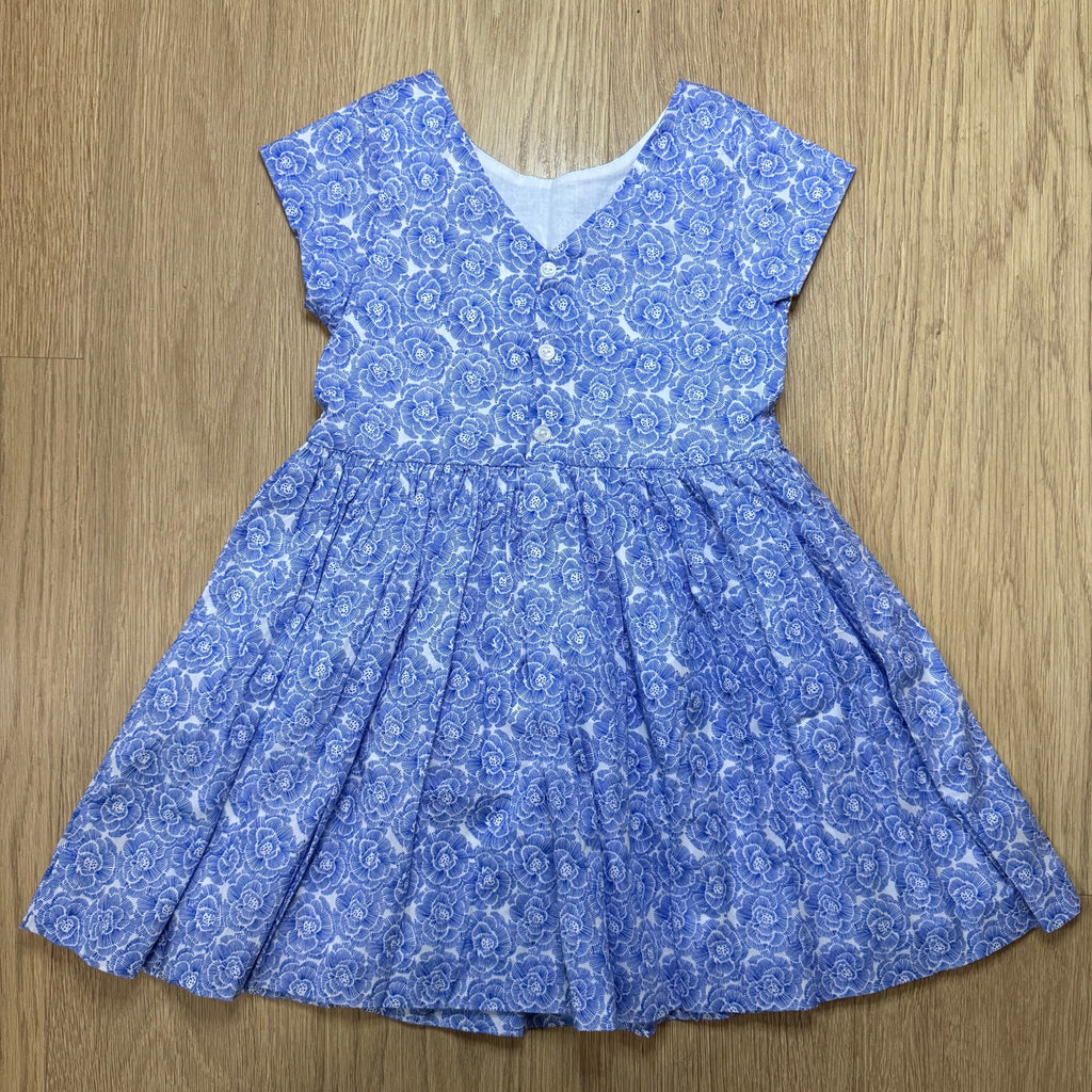 Jacadi Paris Girl's Blue and White Floral Rosace Print Cotton Pleated Skater Dress Size 4 Years