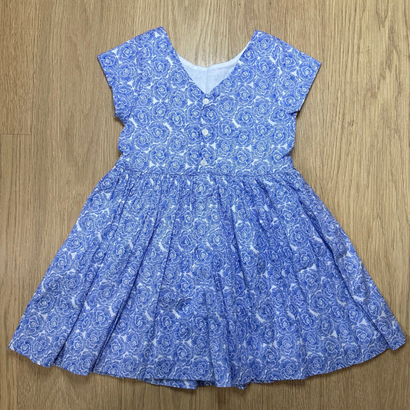 Jacadi Paris Girl's Blue and White Floral Rosace Print Cotton Pleated Skater Dress Size 4 Years