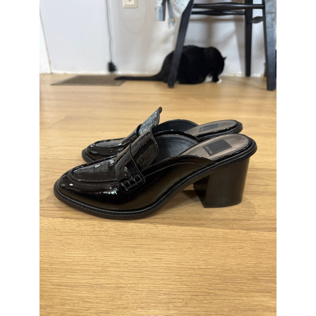 Dolce Vita Mali Heeled Loafer Mules in Black Patent Leather Block Heel Size 9.5