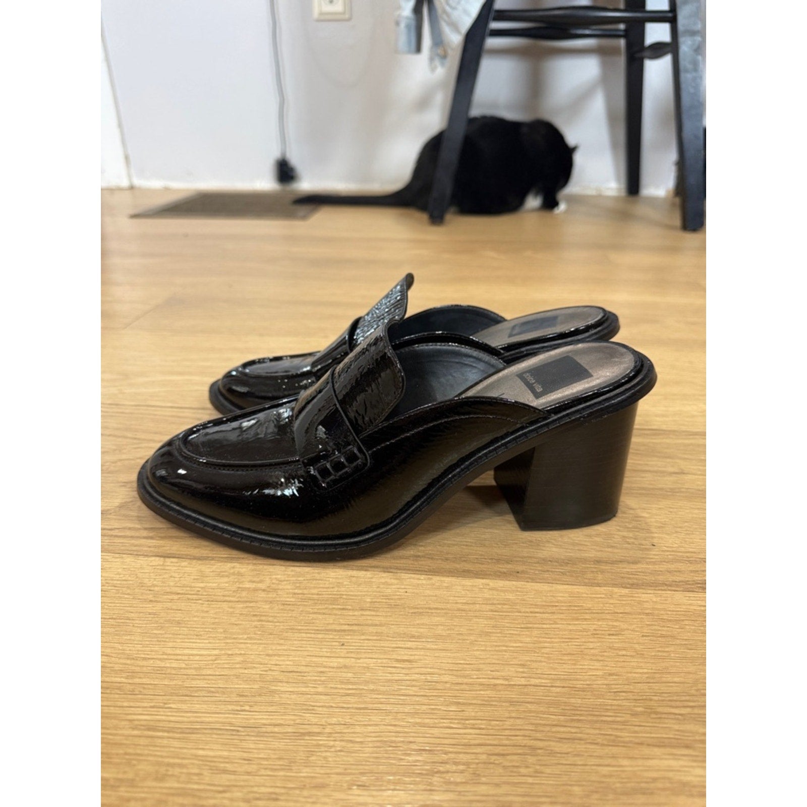 Dolce Vita Mali Heeled Loafer Mules in Black Patent Leather Block Heel Size 9.5