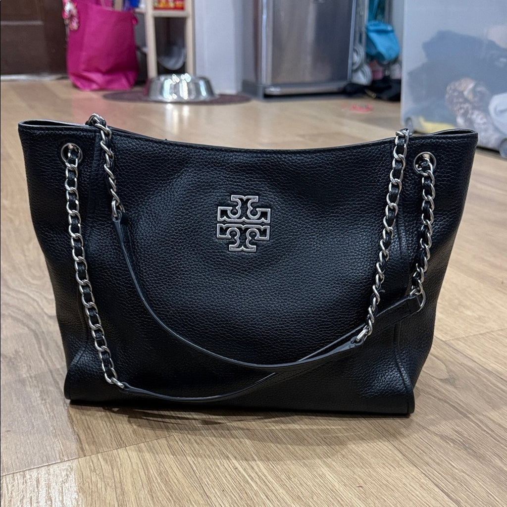 Tory Burch Britten Small Slouchy Tote Bag in Black Leather and Silver Hardware