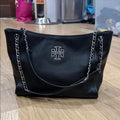 Tory Burch Britten Small Slouchy Tote Bag in Black Leather and Silver Hardware