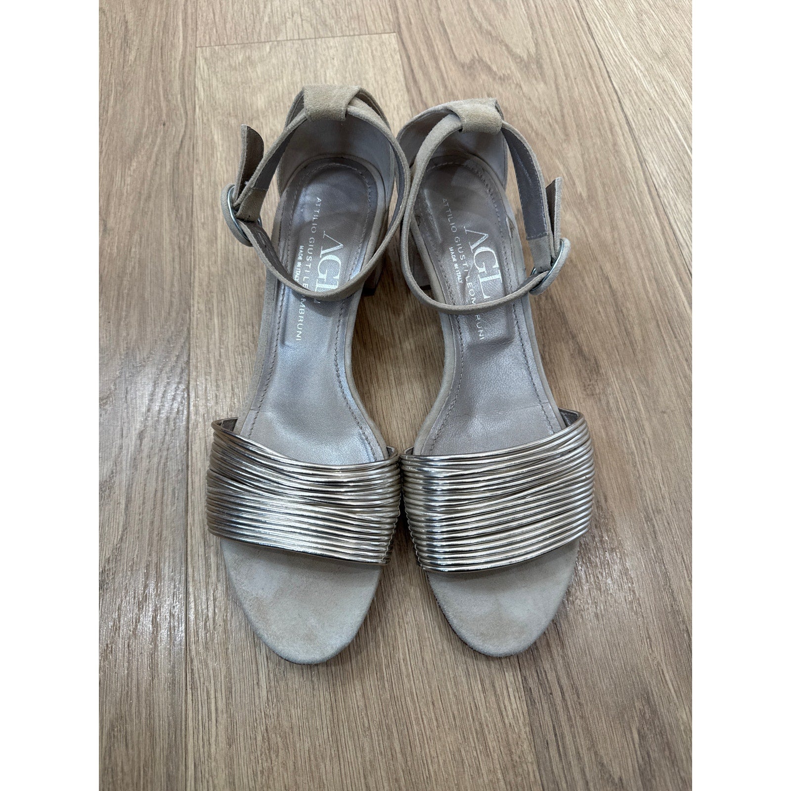 AGL Attilio Giusti Leombruni Multi Strand Metallic Suede Ankle Strap Block Heel Sandals Size 10.5